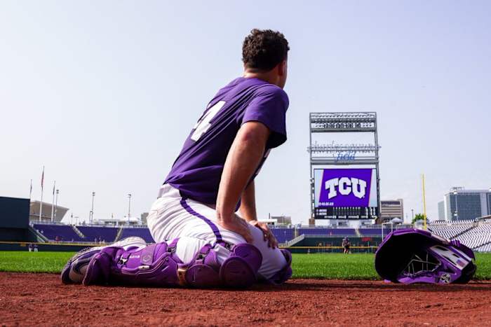 TCU catcher Karson Bowen on practice day at the 2023 Men's College World Series in Omaha